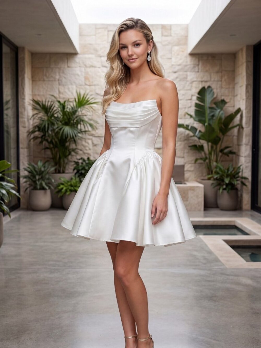 New White Strapless Elegant Wedding Short Dress w/ Draped Neckline NX R7068W